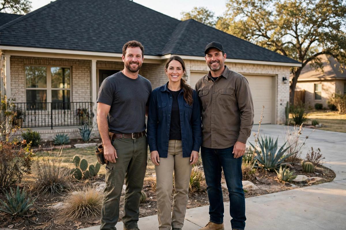 Pine Ridge Roofing team in front of a Texas home with a new roof