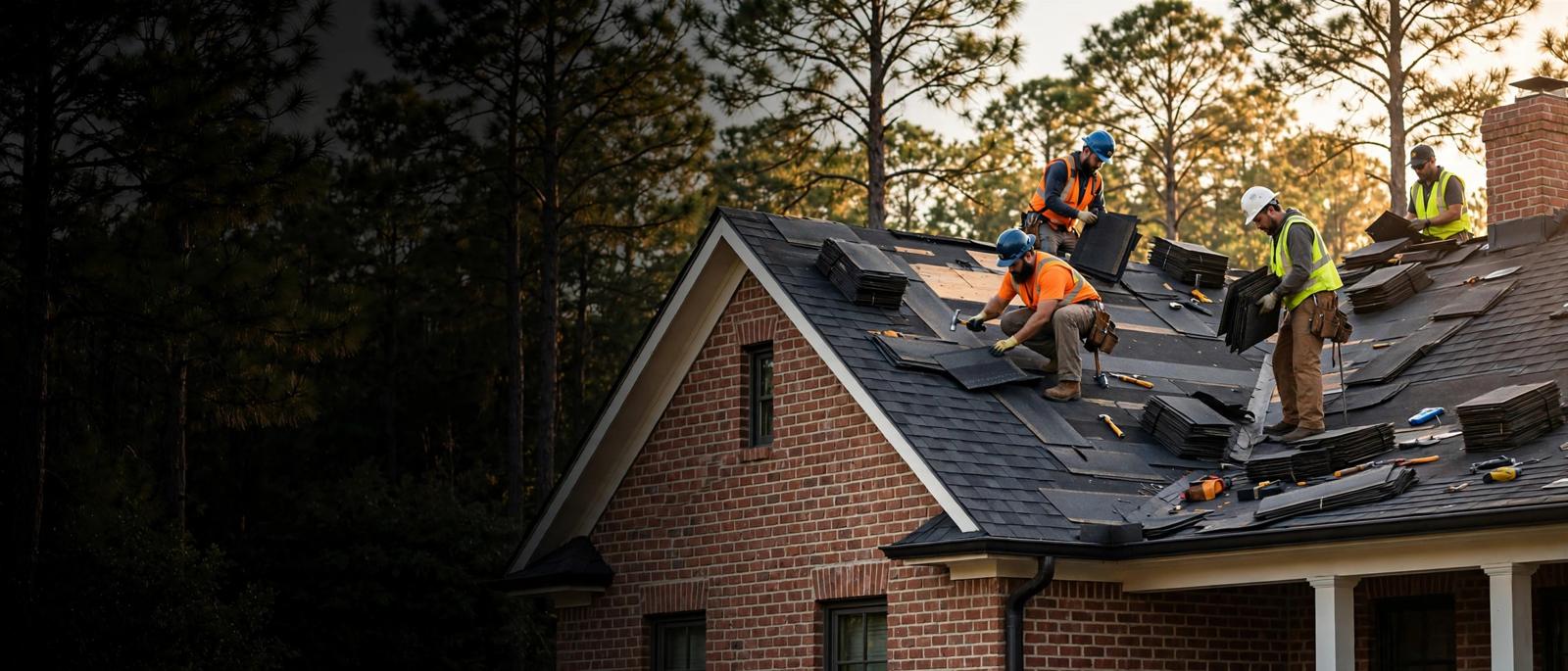 Roof repair and replacement crew working on a home roof in Huntsville, TX