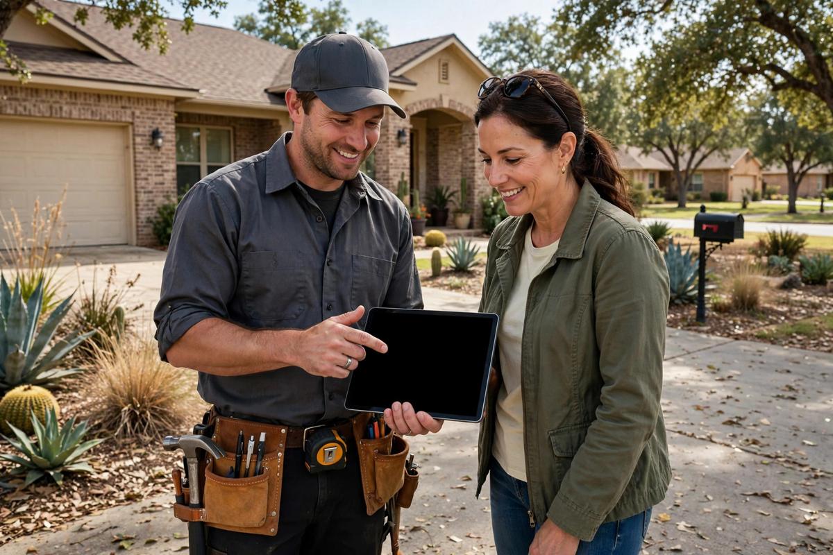 Roofer discussing a roof estimate with a homeowner in Huntsville, TX