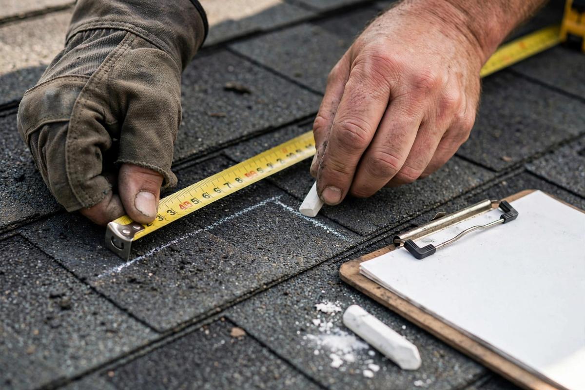 Roofing guide photo of an inspection with chalk marks on shingles
