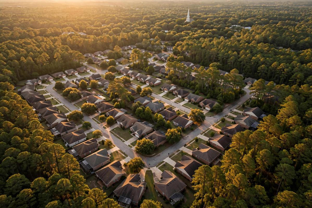 Aerial view of rooftops and pine forest in Huntsville, Texas